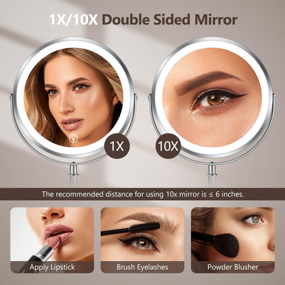 Lighted Makeup Mirror, Rechargeable Height Adjustable Double Sided, 1x/10x Magnifying with 3 Color, Brightness Adjustable, 360° Rotation Vanity, Gift for Women