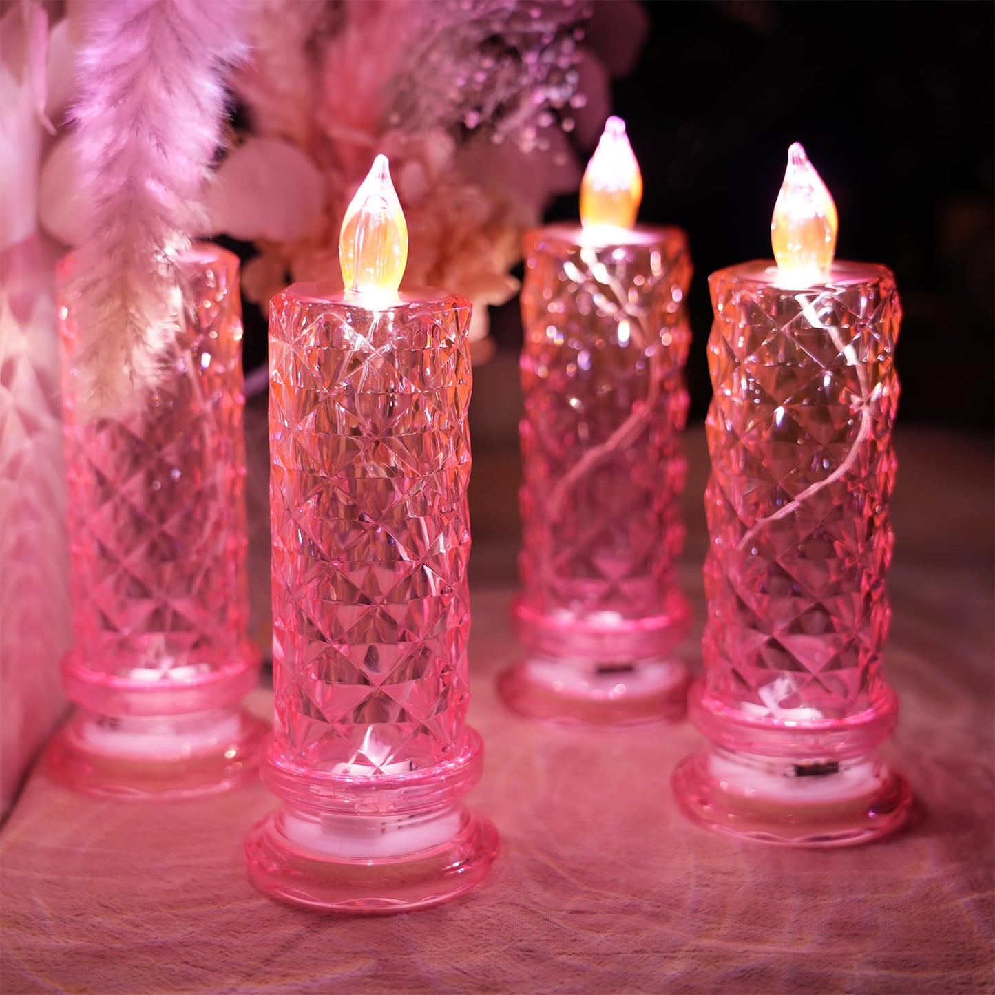 SupBri Rose Shadow LED Flameless Candles, 4PCS Romantic Battery Operated Candles Led Pillar Candles for Valentines Romantic Propose Anniversary Wedding Decorations(Pink, D 2.5" x H 7.2")