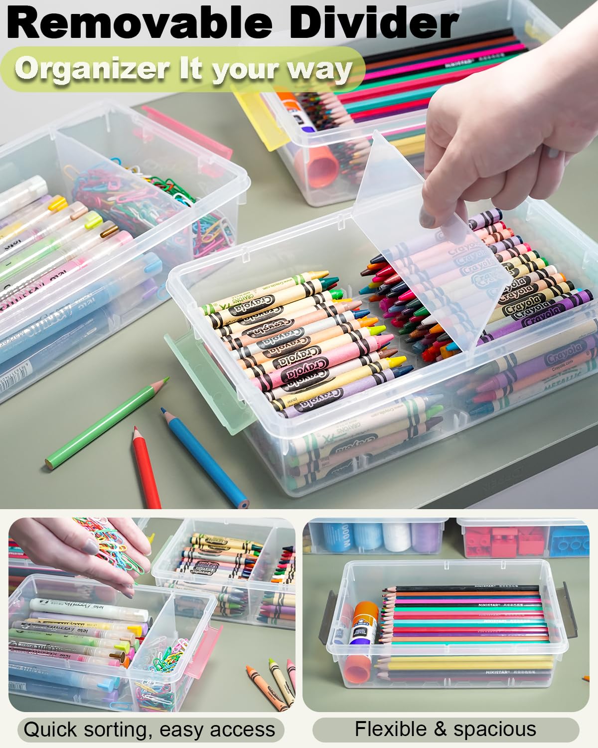 GEOPHIA 6 Pack Extra Large Pencil Box with Removable Divider, Thickened Pencil Case Bulk, Clear Crayon Marker Organizer Stackable Plastic Small Storage Containers for Pen Craft School Supplies (Multi)
