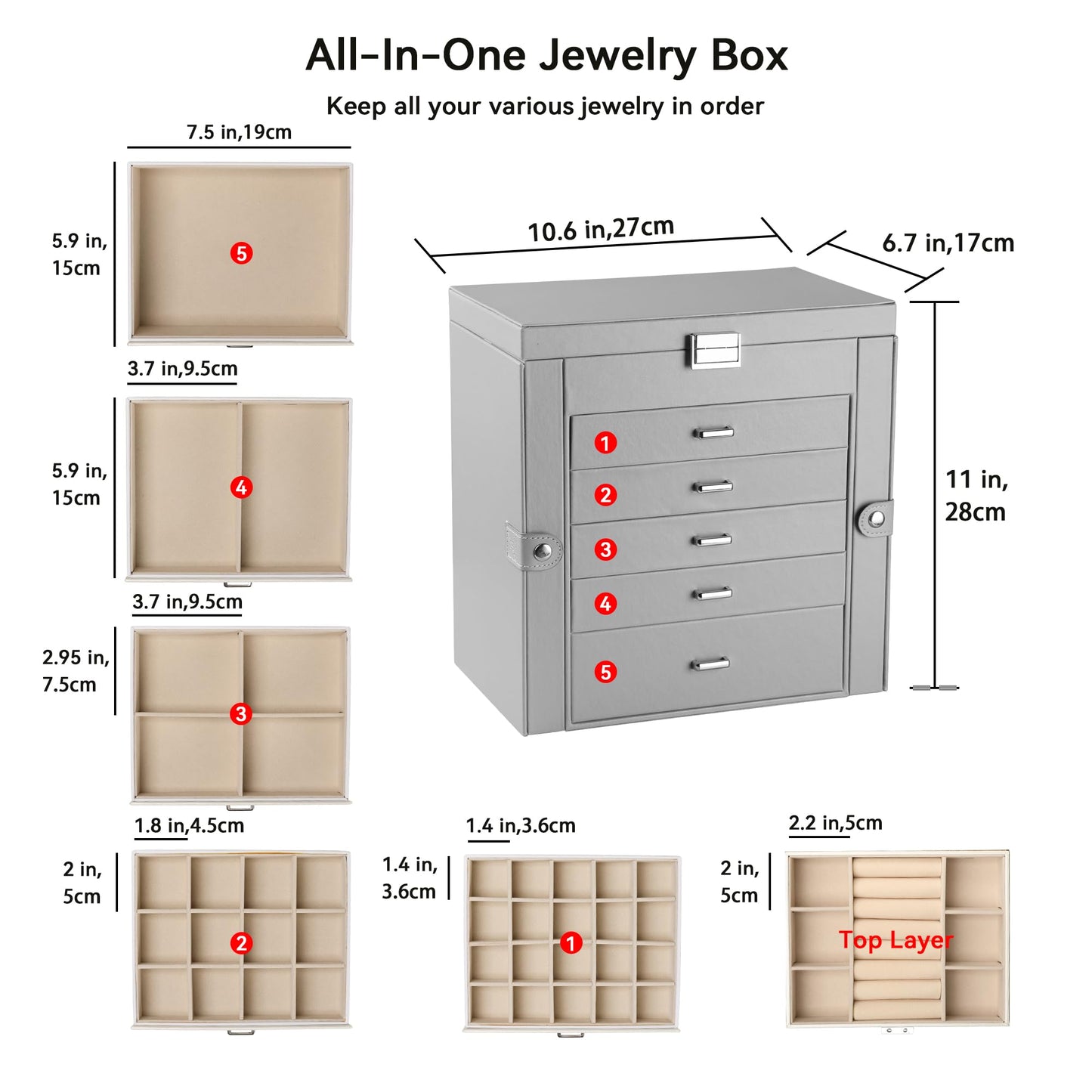 Frebeauty Large Jewelry Box,6-Tier PU Leather Jewelry Organizer,Multi-functional Storage Case with Mirror,Accessories Holder with 5 Drawers for Necklace Bracelets Watches(Grey)