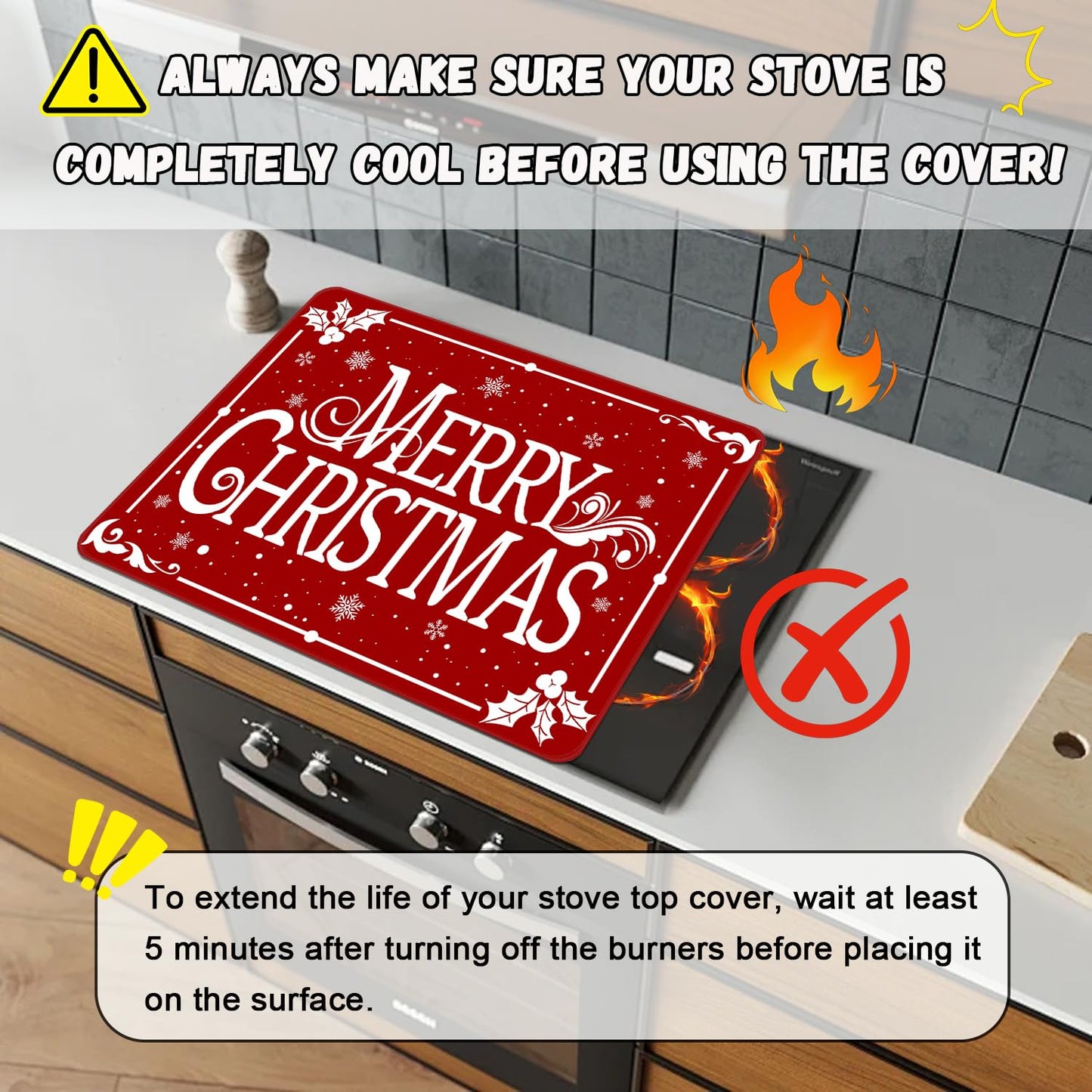 Christmas Stove Top Cover for Electric Stove, Merry Christmas Range Covers, Snowflake Range Top Mats, Glass Cooktop Covers 28x20 inch, Red Cooktop Cover for Kitchen Winter Holiday Home Decor