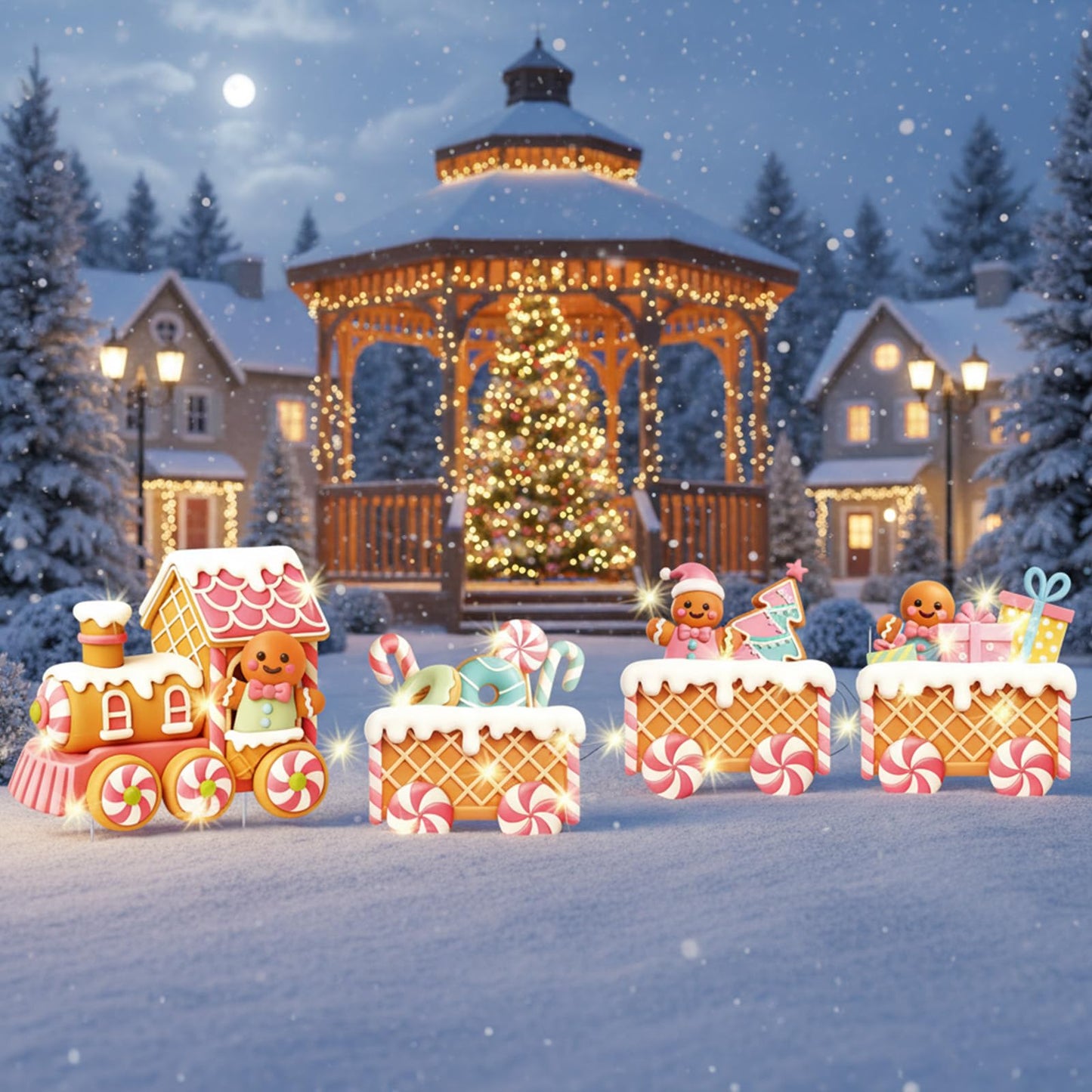 Marsui 4 Pcs Christmas Train Decoration Yard Sign with 4 LED Light Lawn Sign Christmas Pink Gingerbread Candy Gift Box Train Set with 8 Stake for Xmas Garden Outdoor Holiday Party Decor