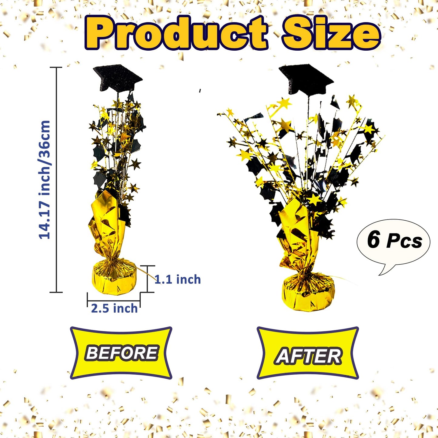 FUBININA 6 Pack 2026 Graduation Table Centerpiece Party Decoration Metallic Foil Spray Glitter Graduate Cap Decor Star Table Top for Graduation Parties Grad Ceremonies Party Favor, Black and Gold