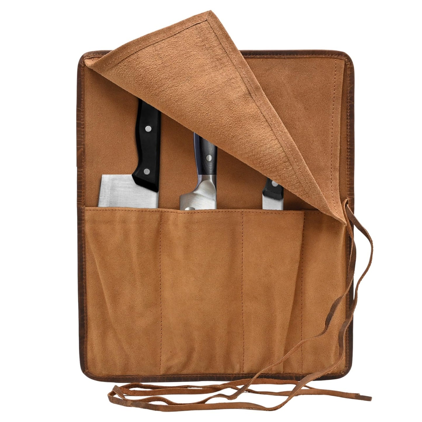 Autentico Leather Knife Roll Bag Professional Chef Knife Case, Durable Knife Sheath Holder, Cooks & Culinary Tools Carrying Storage, Portable Knife Wrap - 4 Slots