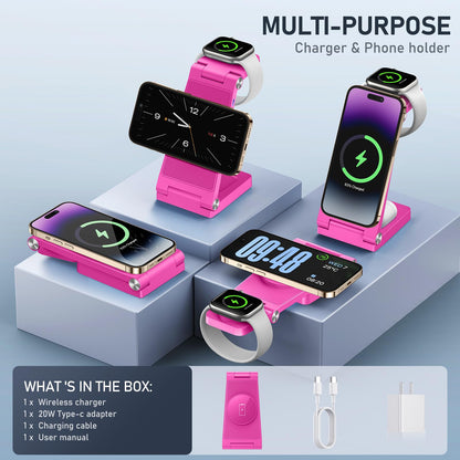 Magnetic Wireless Charger Stand, 3 in 1 Foldable Wireless Charging Station with 20W Adapter, Travel Charger for Multiple Devices for iPhone 17 16 15 14 13 12 Pro/Max/Plus/Mini, iWatch, AirPods