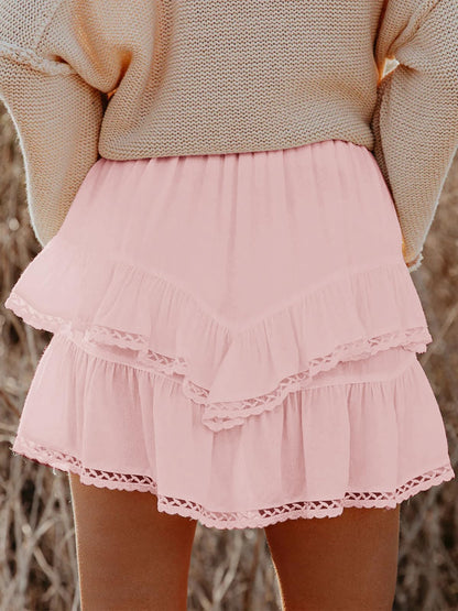Aoudery Flowy Shorts for Women Casual Boho Ruffle Tiered Skorts High Waist Mini Skirts Golf Tennis Butterfly Crochet Shorts - All Peach XS