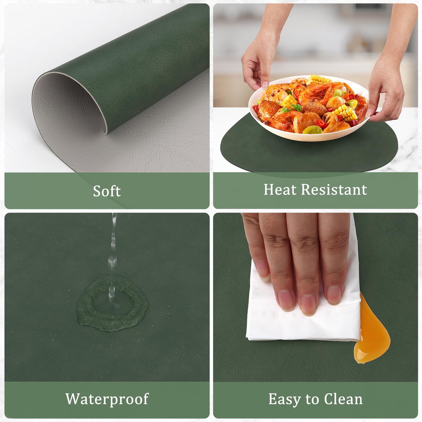 comfoyar Faux Leather Placemats with Coasters Set of 6, 13x16.5 Inch Non-Slip Dual-Sided Green Grey Place Mats, Washable Waterproof Table Mats for Indoor Kitchen Dining Party Table Decoration
