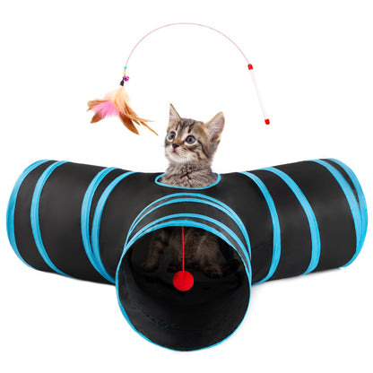Love's cabin Cat Tunnel Tube Toys 3 Way Collapsible, Cat Tunnels for Indoor Cats，Kitten Tunnel Bored Pet Play Tunnel with Peek Hole Toy Ball for Kitty, Kitten, Rabbit, Puppy Blue