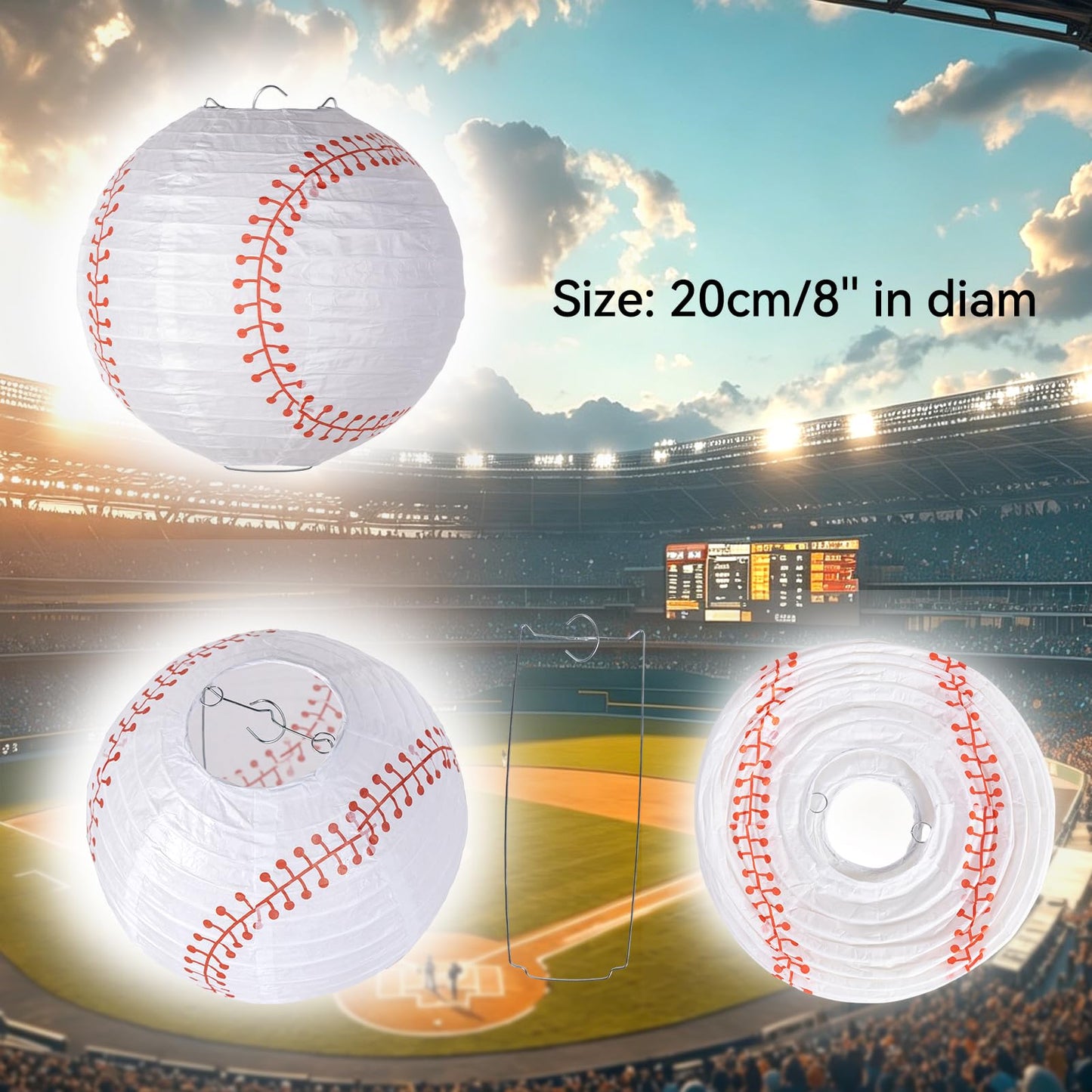Easy Joy 8'' Baseball Paper Lanterns Sports Team Party Baseball Hanging Lantern Softball Party Decorations 3 Pieces