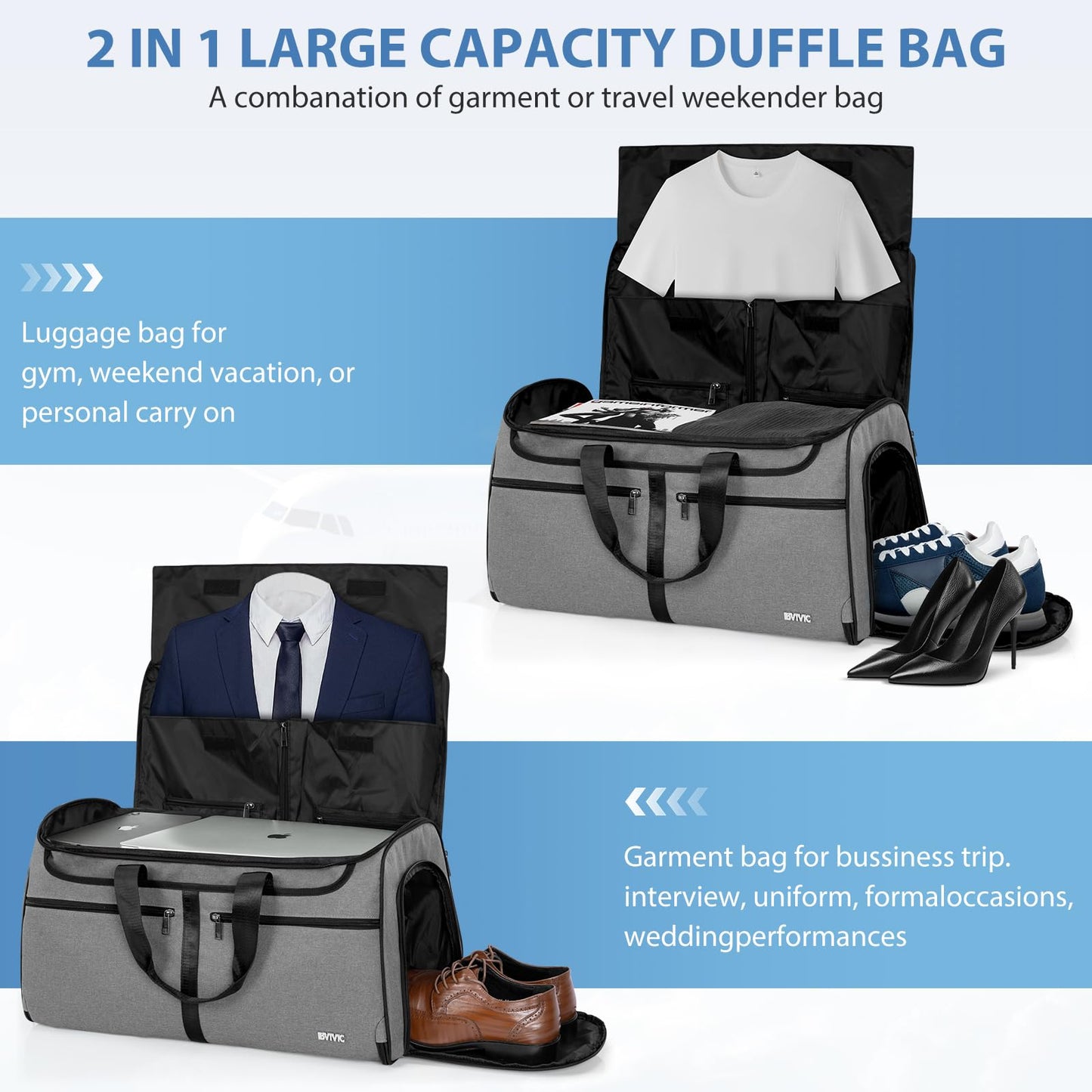 IBVIVIC Convertible Garment Bags for Travel, 2-in-1 Carry On Garment Duffle Bag With Shoe Compartment for Women Men, 50L Hanging Suitcase Suit Travel Bags with Shoulder Strap, Grey