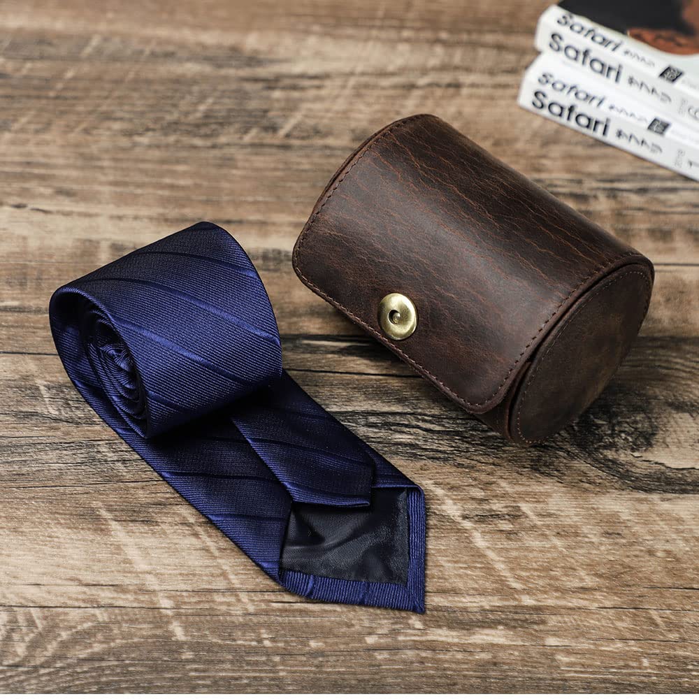 CONTACTS Tie Travel Holder for Men Crazy Horse Leather Handmade Ties Case Small Neckties Organizer Mens Tie Anti Wrinkle Storage Roll
