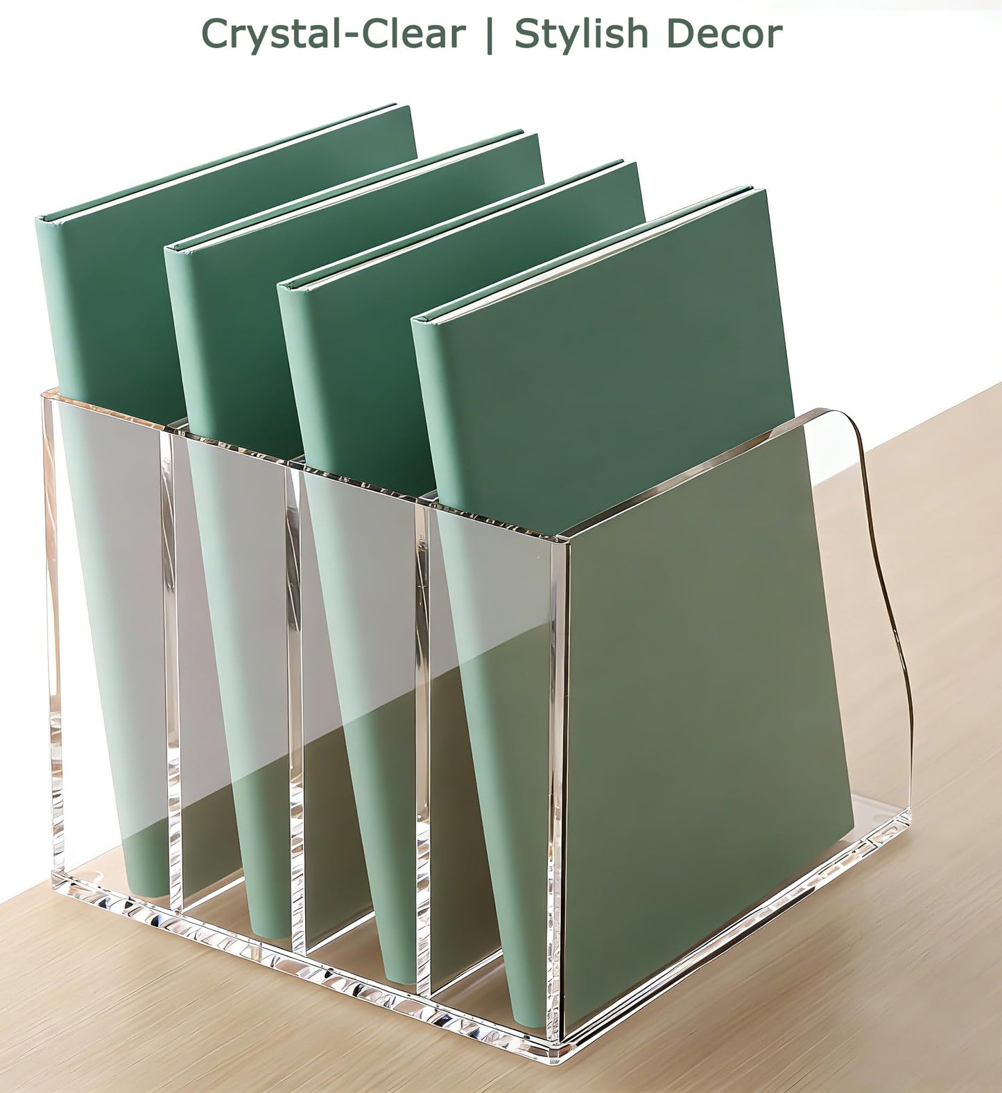YUXUN Clear Acrylic File Folder Holder - 4 Vertical Compartments Desk Document Sorter, Upright Magazine Rack for Office/Home/Classroom, Stores Documents, Tablets, Magazines, Books & Accessories