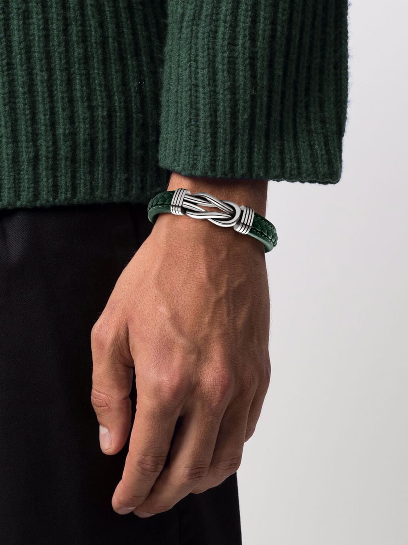 Oaldilee Mens Braided Leather Bracelet, Green Wax Rope Braided Leather Infinity Knot Bracelets for Men with Steel Clasp, 7.5in Length