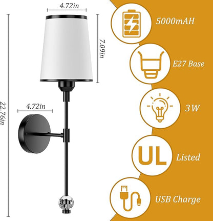 PAIHOME Wall Sconces Set of Two Battery Operated, Rechargeable Wireless Sconces with 5000mAh, 15 Colors Remote Control Dimmable Black Wall Sconce for Bedroom Living Room Bathroom Hallway Wall Decor