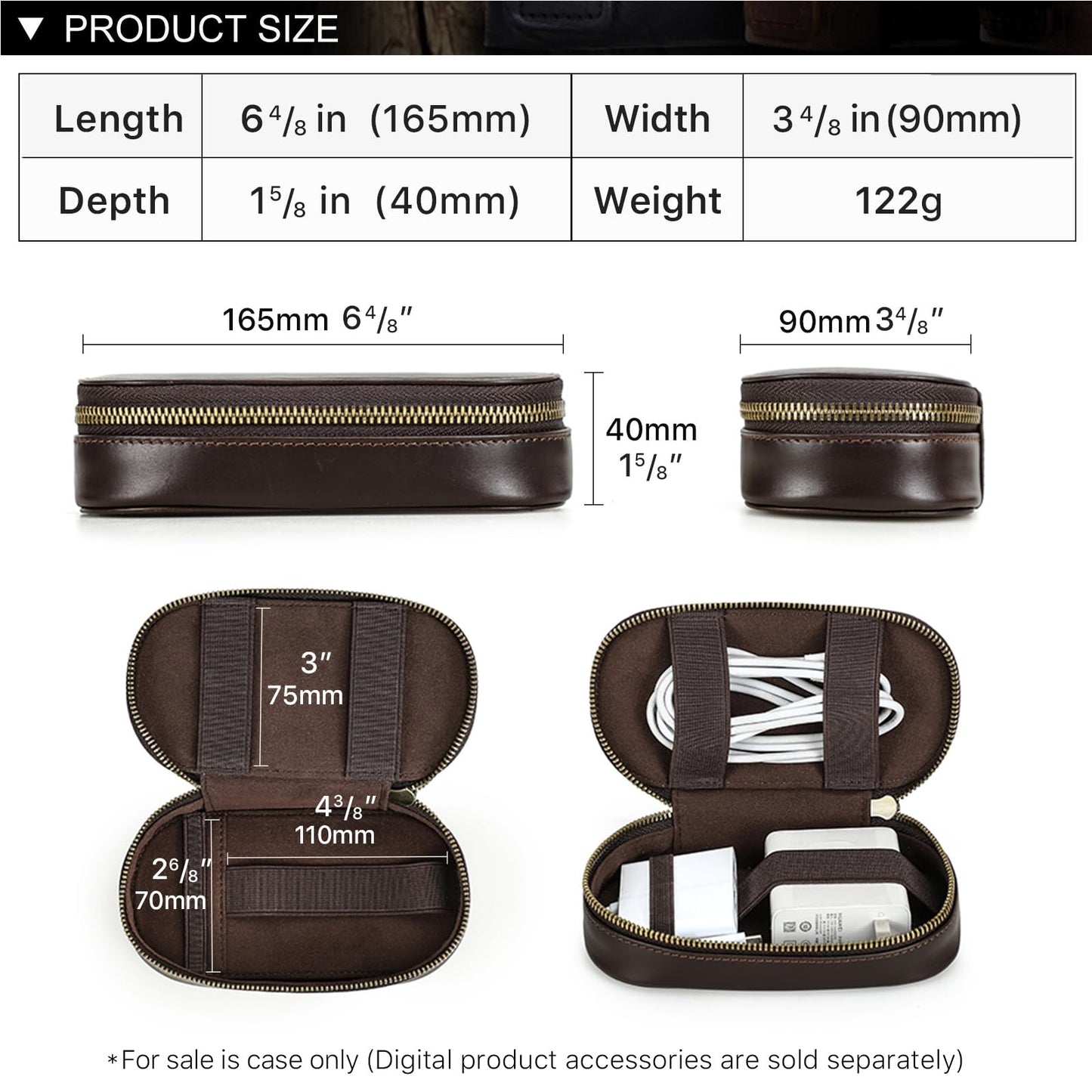 Hiram Handmade Full Grain Oil Bead Leather Tech Pouch – Digital Accessories Travel Case Portable Tech Organizer with Elastic Straps for USB Cables for Business Travel & EDC