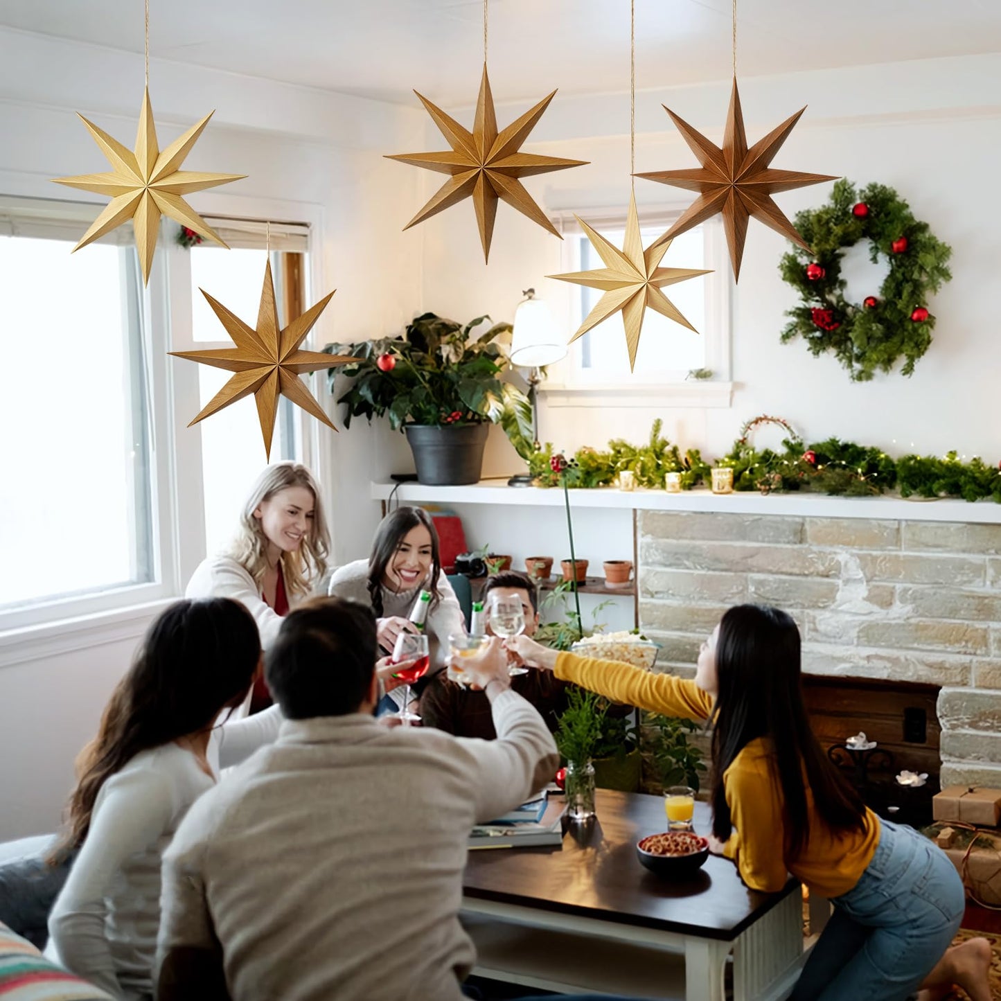 SUNBEAUTY 8-Pointed 12 Inch Paper Star Lanterns Brown Wooden Christmas Lanterns Hanging Lamp Paper Decorations Shade Wedding Birthday Christmas Home Party Decorations