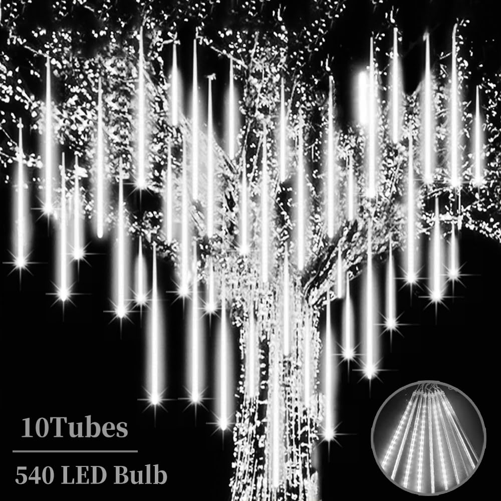 Roytong Meteor Shower Lights - 20 Inch 10 Tube 540 LED High Brightness Falling Rain Icicle Cascading Lights for Xmas Tree Roof Eaves Patio Decor (Can Connect 100 Sets)