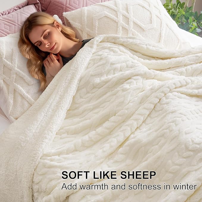 PHF Fluffy Sherpa Blanket Queen Size for Winter, Warm and Soft, 510GSM 3D Jacquard Thick Shaggy Fleece Plush Blanket for Sofa Bed, Cream, 90"x90"