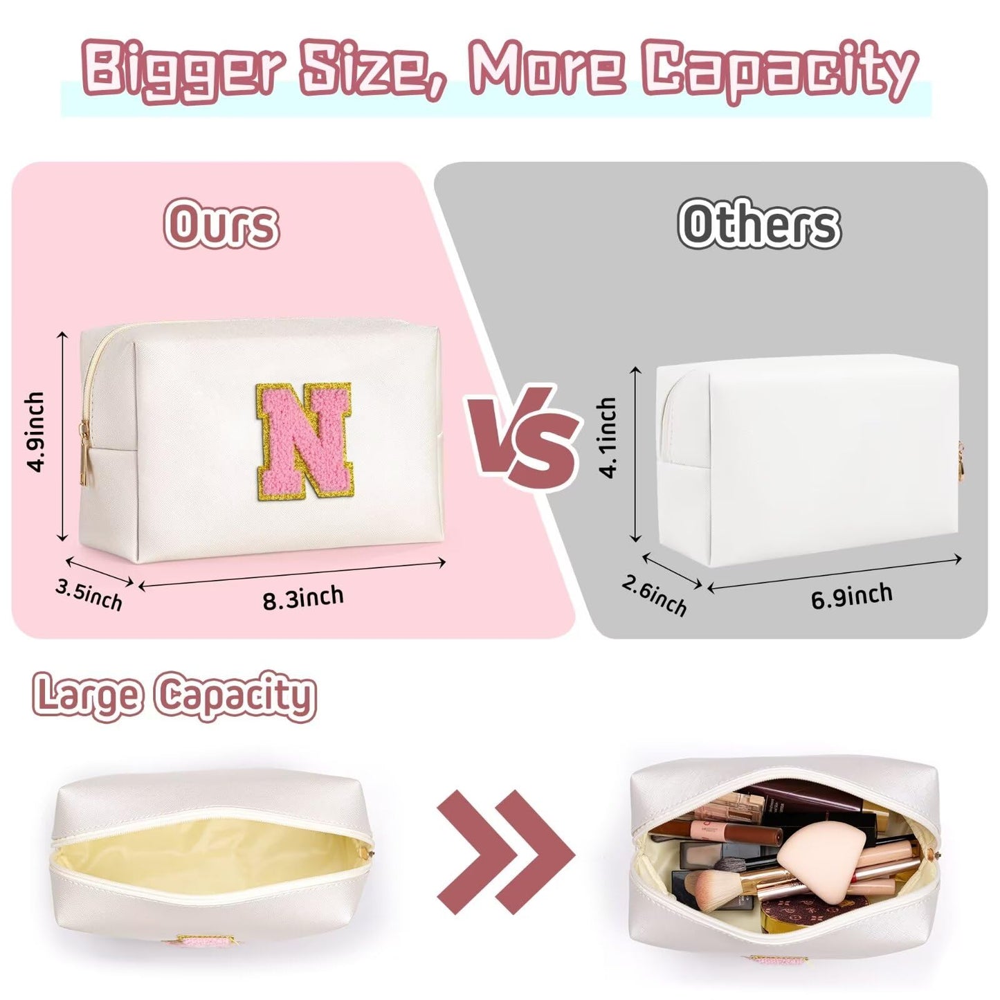 TOPEAST Initial Makeup Bags for Women, Personalized Portable Cosmetic Bag for Travel, Cute Makeup Pouch, PU Leather Waterproof Toiletry Bag, Preppy Things for Girl (Pearly White V)