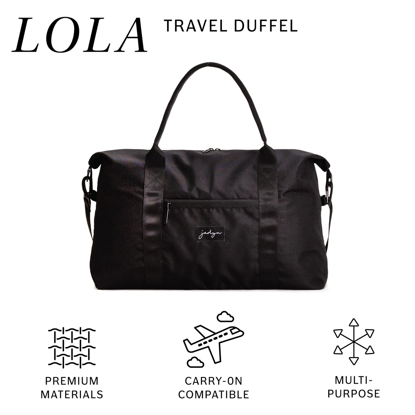 Jadyn Lola Travel Bag, Weekender/Overnight Duffel, Gym Tote Bag for Women, Men (Black)