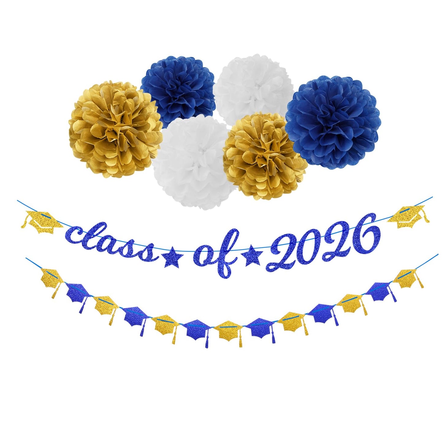 Navy-Blue White-Gold Party-Decorations Graduation Banner - 8pcs Kits Class of 2026 Cap Garland Streamers, Paper Tissue Pom Poms Flowers, Congratulations Grad Decor Lasting Surprise