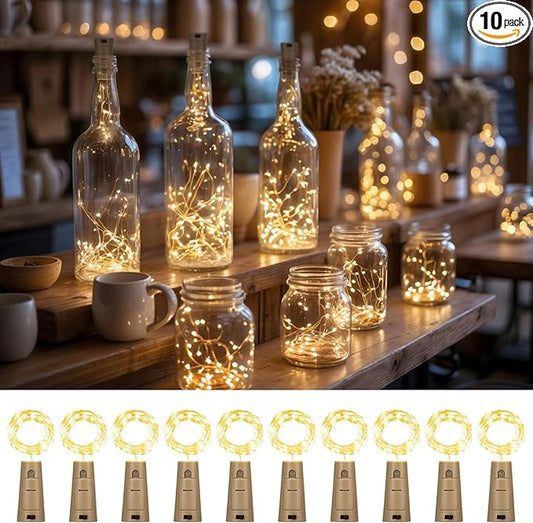 10 Pack Bottle Lights with Cork, 20 LED 7ft Warm White Copper Wire String Lights for Wine Bottles, Battery Operated Decorative Fairy Lights for DIY, Home, Party, Wedding Decor (Warm White)