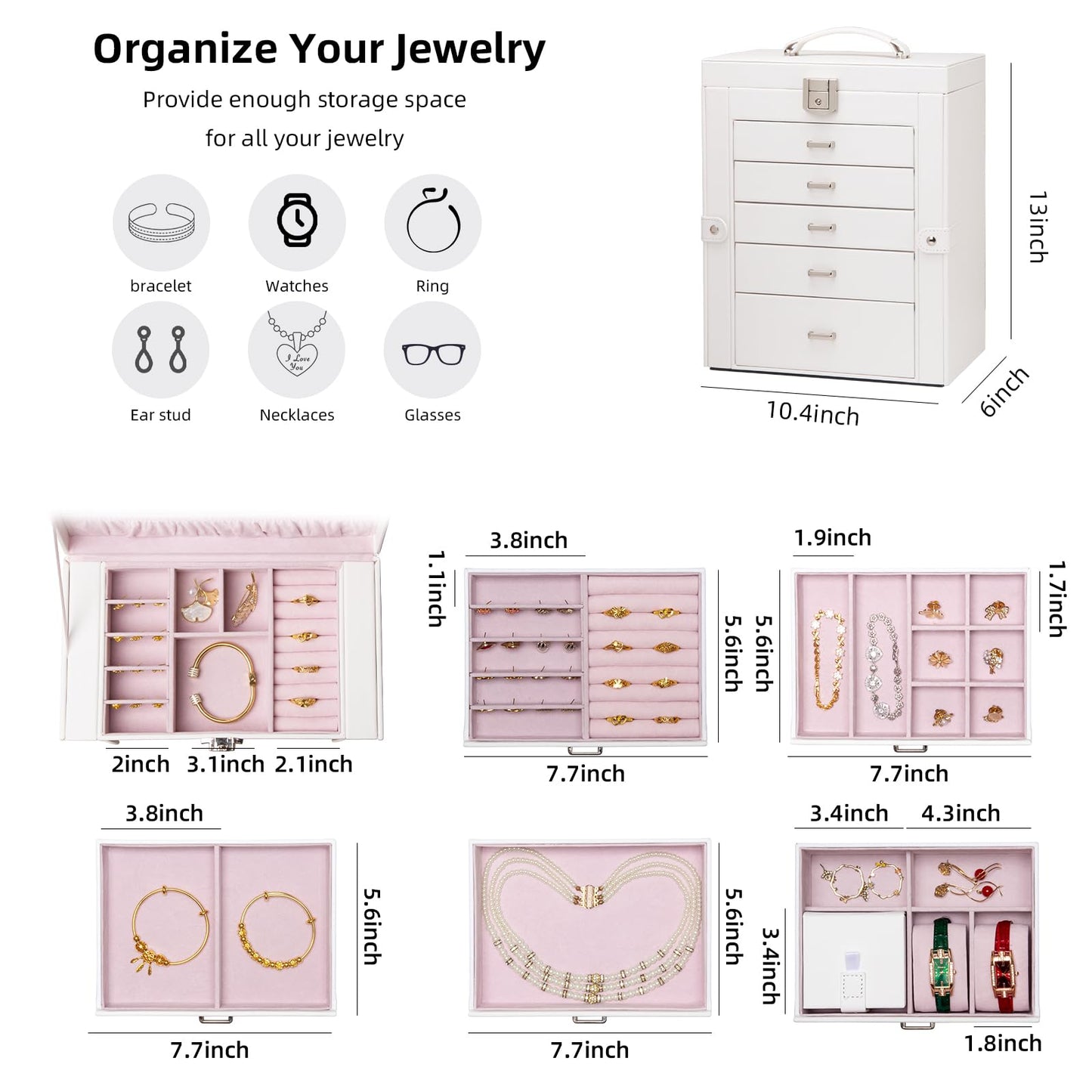 FEIYAN Large Jewelry Box,5-Tier PU Leather Jewelry Organizer with Lock,Multi-functional Storage Case with Mirror,Jewelry Organizer for Bracelets, Earrings, Rings, Necklaces, Mothers Day (CREAM)