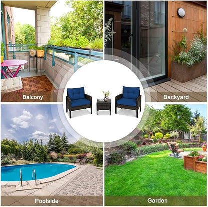 HAPPYGRILL 3 Piece Patio Conversation Set Outdoor Rattan Wicker Furniture Set with Coffee Table & Chairs Patio Bistro with Seat Cushions for Garden Balcony Backyard Poolside