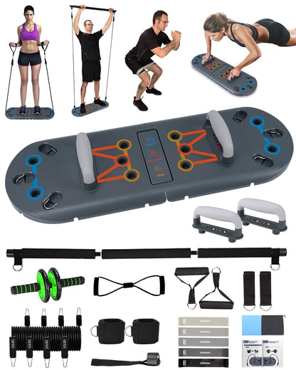 Hikeen Home Workout Equipment to Help Achieve Fitness Goals, 27-in-1 Portable Gym Exercise Equipment with Compact Push-Up Board, Resistance Bands, Ab Roller Wheel, and Pilates Bar, Master Your Workout