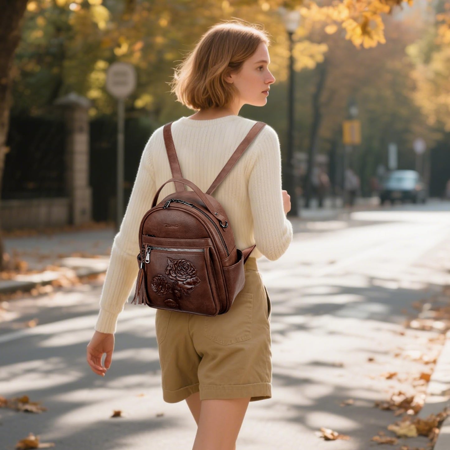 VIMUTI Mini Backpack Purse for Women,Embossed Leather Small Backpack Fashion Travel Backpacks Daypacks Shoulder Handbag (COFFEE-Flower)