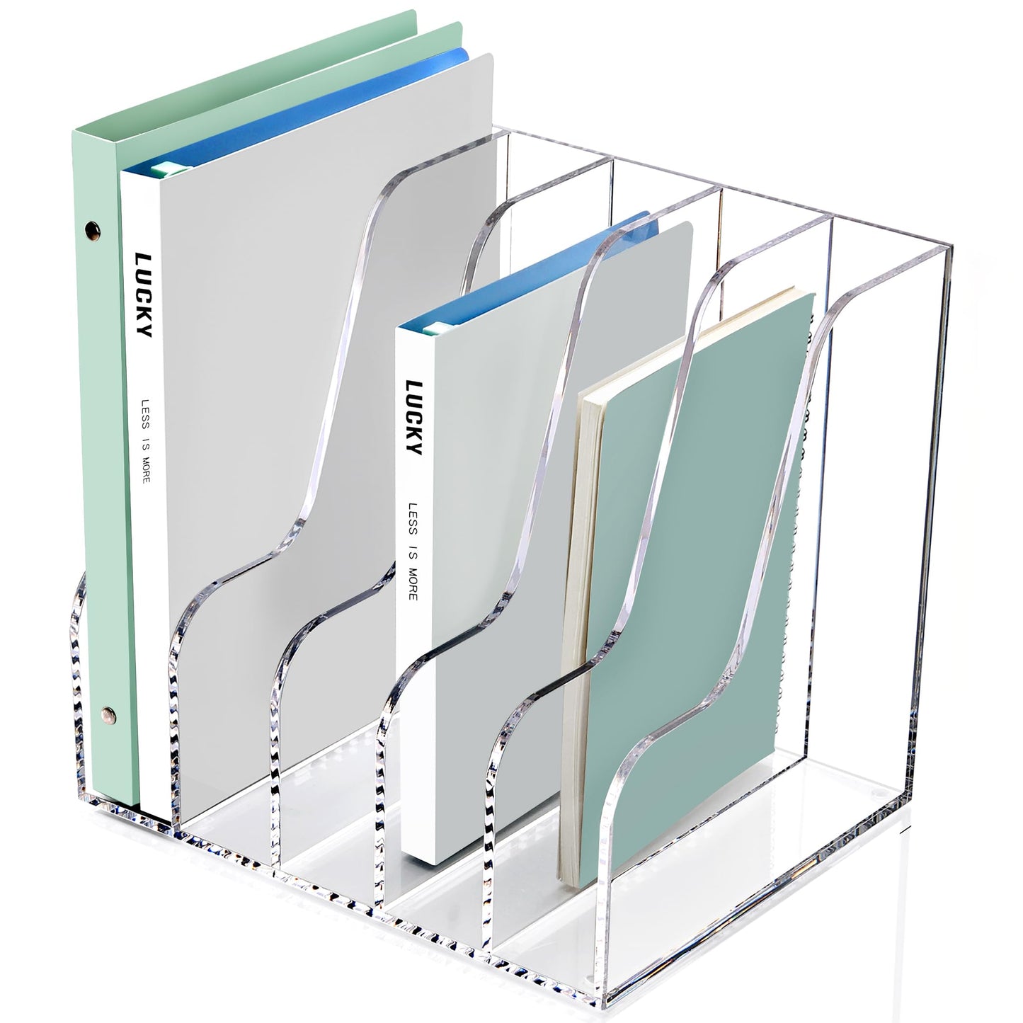 SANRUI Acrylic Desk Organizers, Clear Magazine File Holder, 5 Vertical Compartments A4 Folder Binder Holders Sorter, Office Desktop Workspace Organization Storage Rack for Office Home School