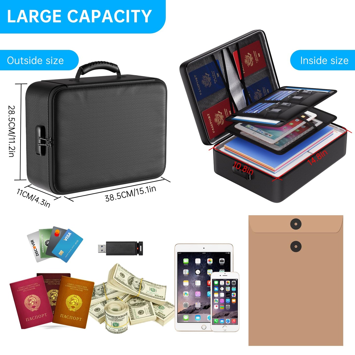 ENGPOW 5200°F Fireproof Document Bag with Lock, Upgraded Heat Insulated Fireproof Box 8 Layers File Organizer, Portable Home Travel Safe Storage for Important Documents,Passports,Laptop, Black(Soft)