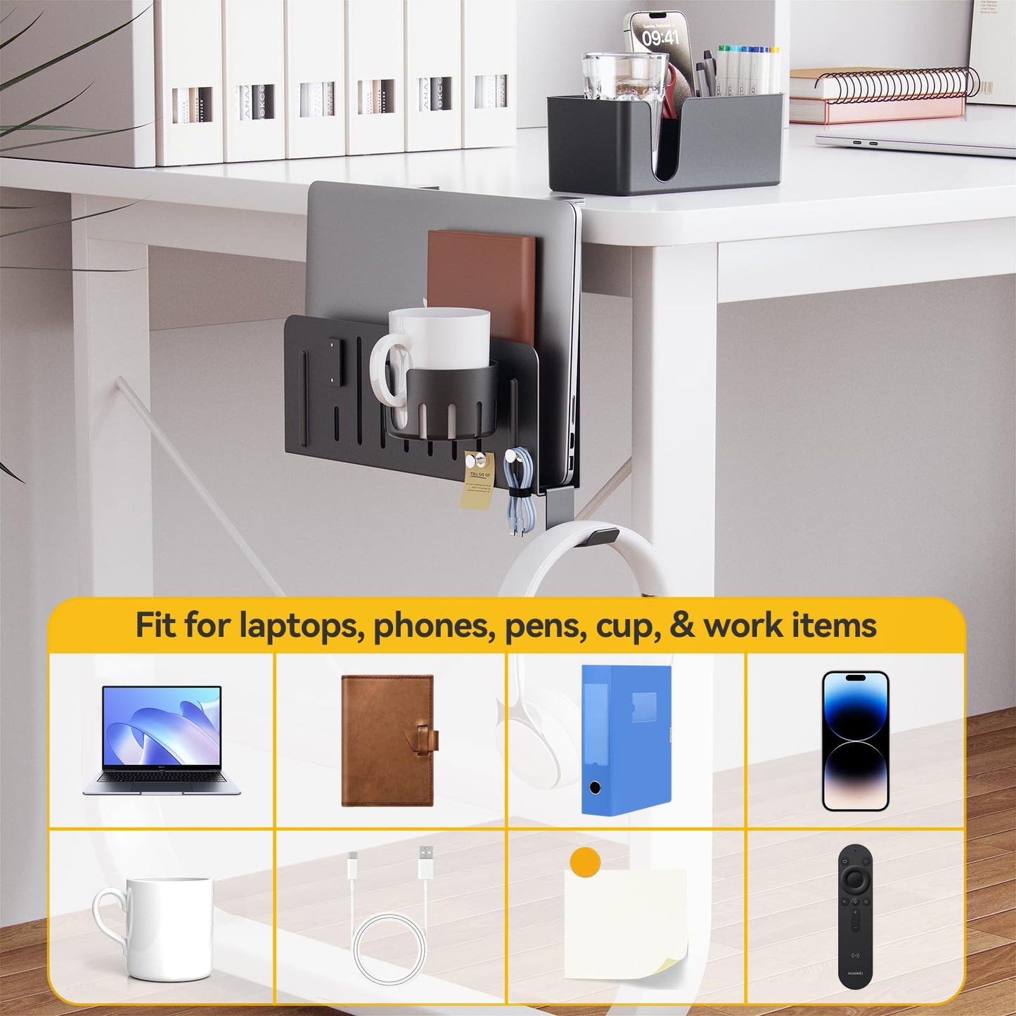 KDD 7 in 1 Desk Side Organizer Set, Under Desk Laptop Holder Storage, No Drill Laptop Stand Mount with 2 Cup Holder, Pen Holder, Headphone Hanger and 2 Pin Magnet, Detachable Hanging Stand