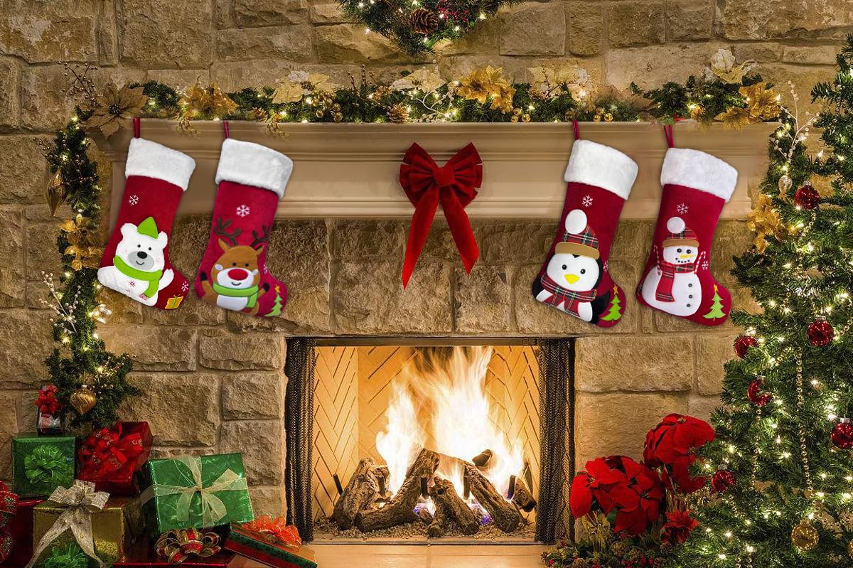 Animal Christmas Stockings with Lined, 20 inch Velvet 3D Deer, Penguin, Reindeer, Bear Snowman Xmas Stockings for Kids Girls Boys Christmas Decorations (Red Penguin)
