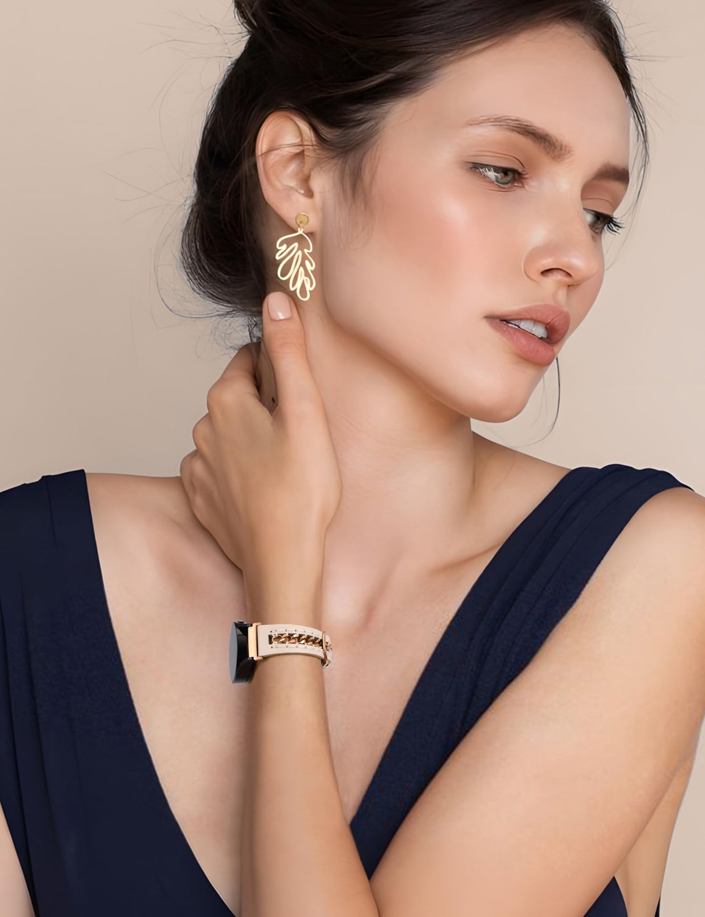 Minyee Leather Band Compatible with Samsung Galaxy Watch 7/6/5/4/FE/Active 2 40mm 44mm/Watch 6 Classic 43mm 47mm/Watch 5 Pro 45mm Bands, 20mm Dressy Leather Strap with Metal Chain, Starlight/Rose Gold
