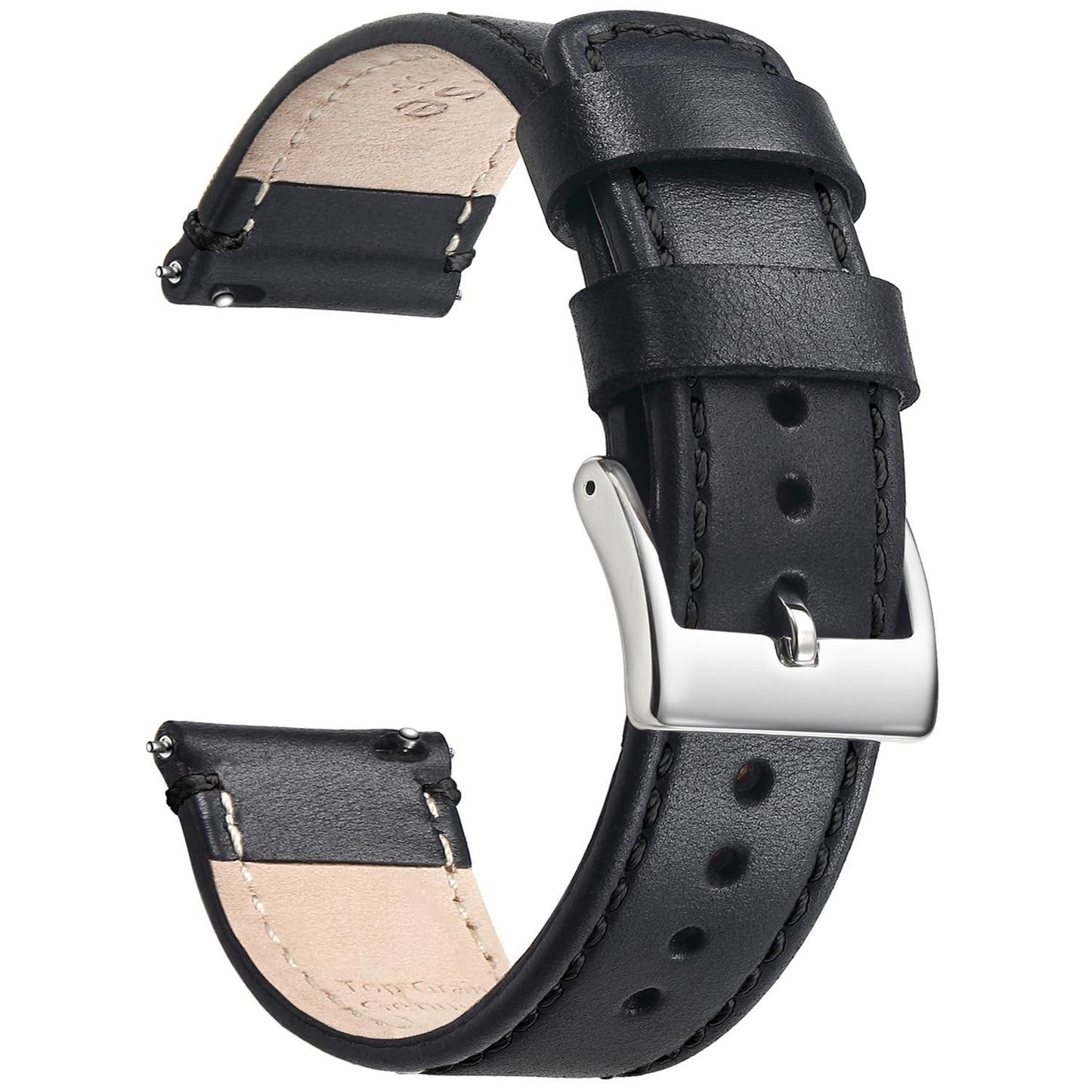 Artthurse Top Grain Leather Watch Band, Quick Release Genuine Leather, 18mm 20mm 22mm Watch Strap for Men and Women (Black/Silver, 20mm)