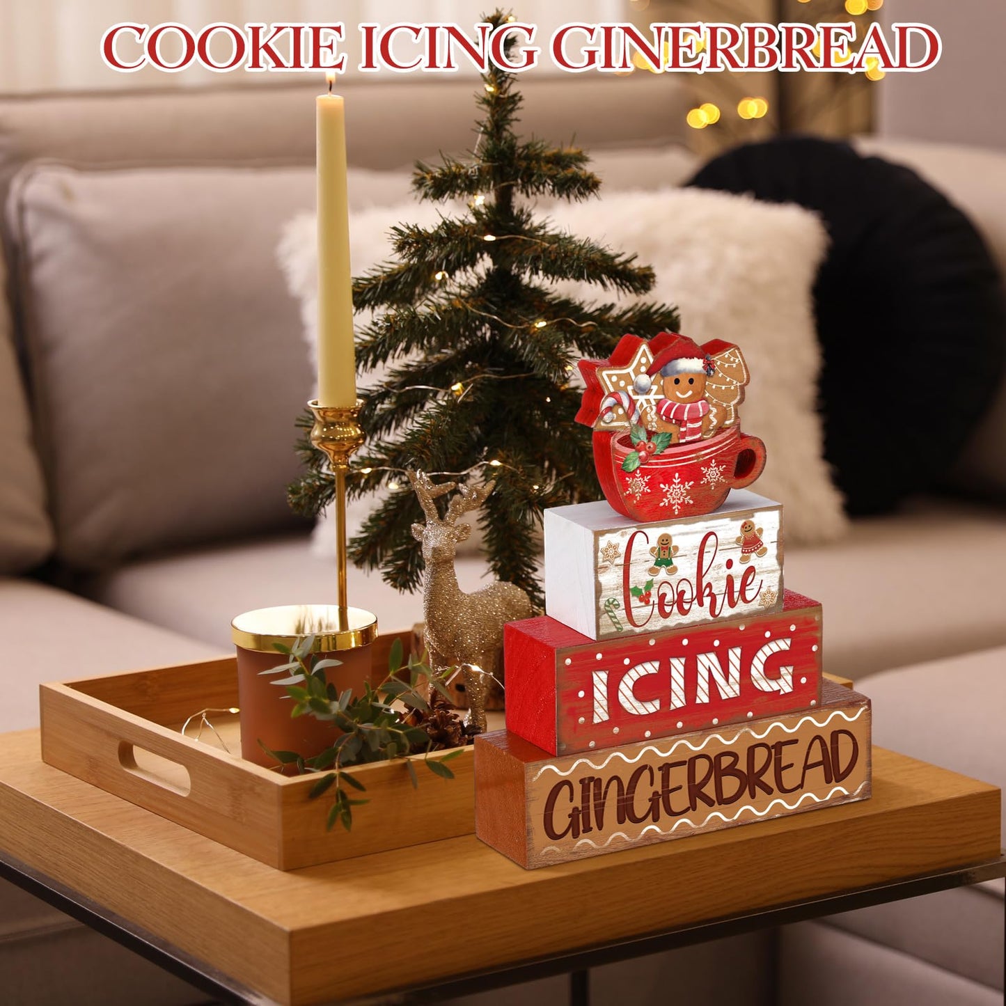 Moucuny 4 Pcs Christmas Gingerbread Man Table Sign Christmas Cup Wooden Decorative Signage Xmas tiered Tray Decor Winter Centerpieces Farmhouse Wooden Block Set Xmas Table Sign for Home