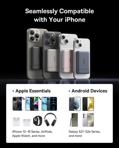 Baseus Picogo Power Bank, Smallest 5000mAh Magnetic Portable Charger with Stand, Qi2 Certified 15W Ultra-Mini MagSafe Battery Pack, Alloy Wireless Travel Fast Charger for iPhone 16/15/14/13/12 Series