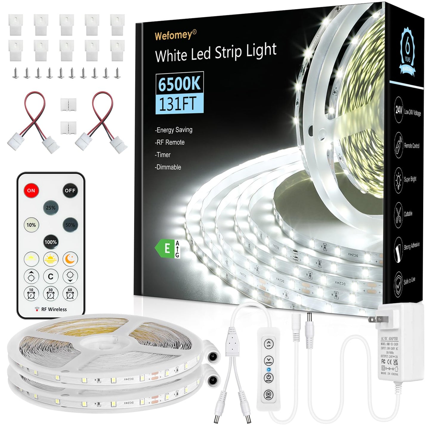 Wefomey White LED Strip Lights, 131ft Dimmable 24V LED Lights Strip 6500K Bright Daylight White, Flexible Tape Lights for Bedrooms, Kitchen, Cabinet, Christmas Decor, 2 Rolls of 65.6ft
