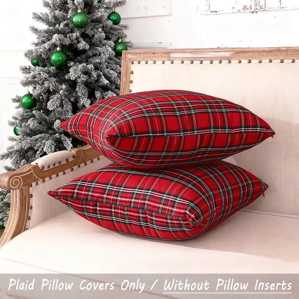 CARRIE HOME Christmas Scottish Tartan Plaid Pillow Covers 18x18 Red and Green Plaid Outdoor Pillows Set of 2 Christmas Decor for Living Room
