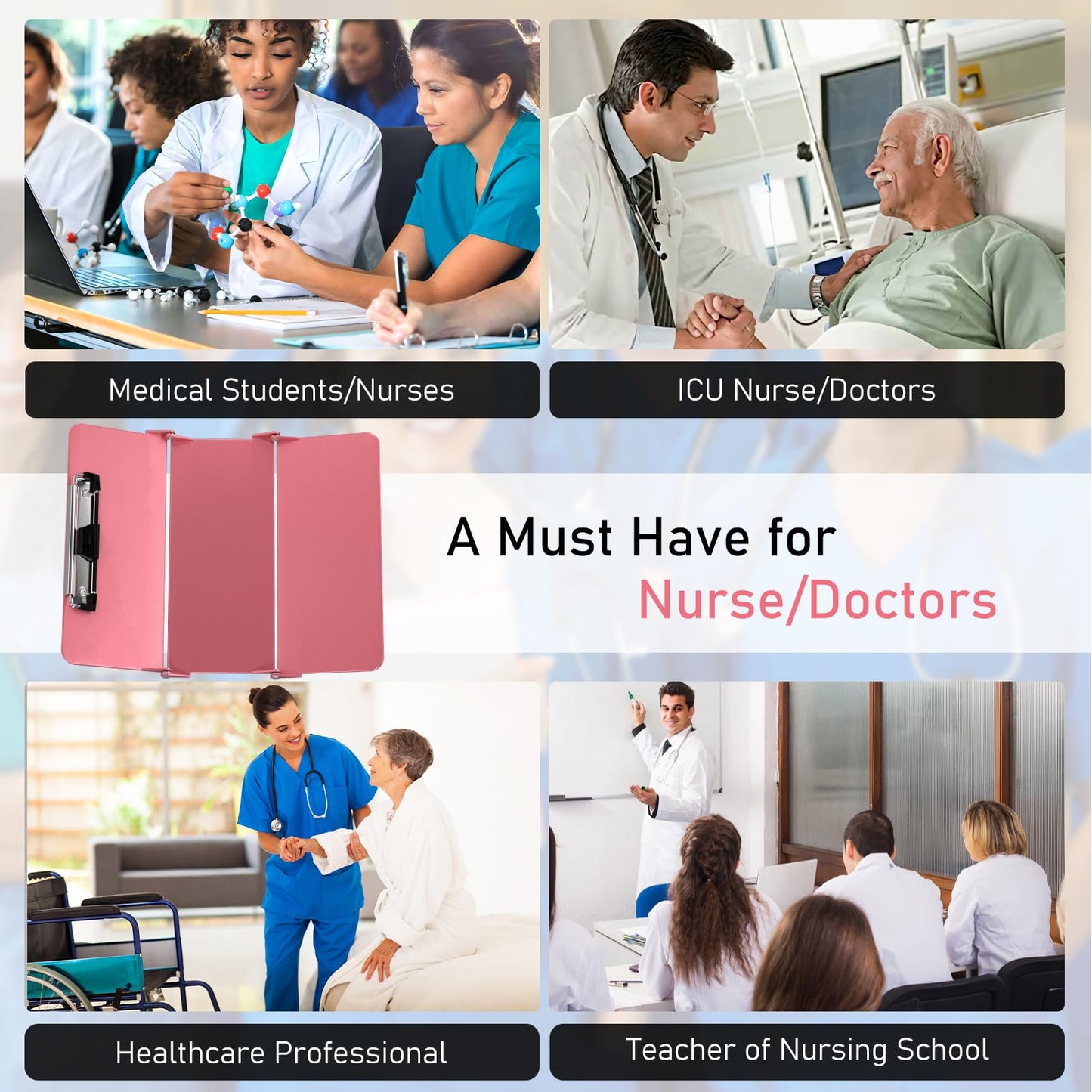 Nursing Clipboard Foldable, Foldable Clipboard w/Nursing Edition Cheat Charts,3 Layers Aluminum, Nurse Clip Board w/Low Profile Clip&Pen Clip Pocket for Students, Nurses and Doctors, Rose