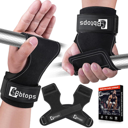 Weight Lifting Wrist Strap, Double-Layer Leather Wrist Straps for Gym Strength Training Weightlifting,Deadlift and Powerlifting, Enhance Grip Strength Neoprene Padding Gym Workout Lifting Straps Pair Black