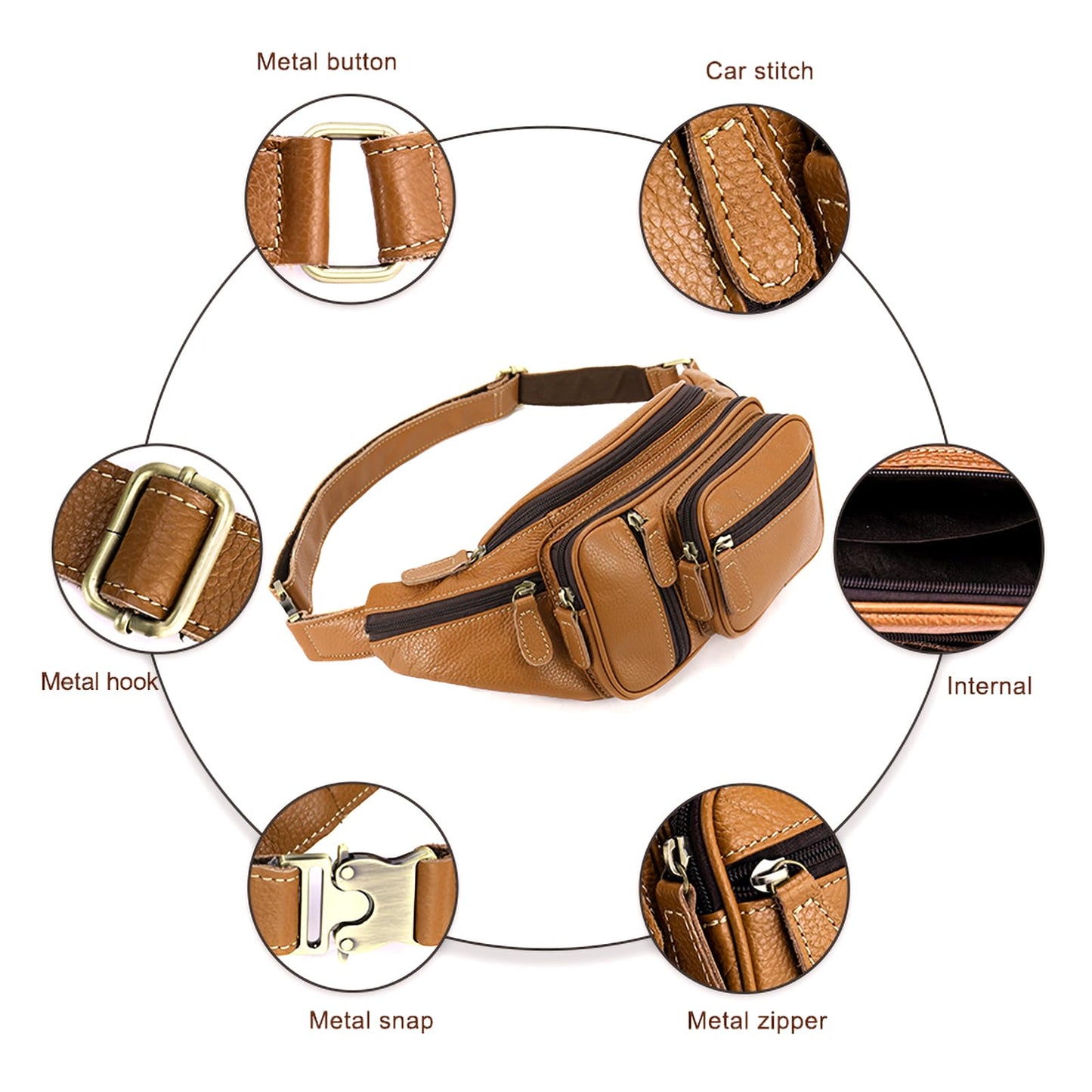 Genuine Leather Fanny Pack large capacity Crossbody Waist Bag with Zipper phone Pockets brown