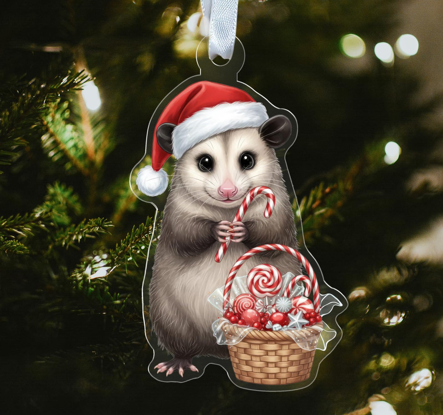 Opossum with Candy Cane Ornament - Shape Acrylic Decor - Cute Animal Ornament - Gift for Possum Lover - Xmas Tree Hanging Decor