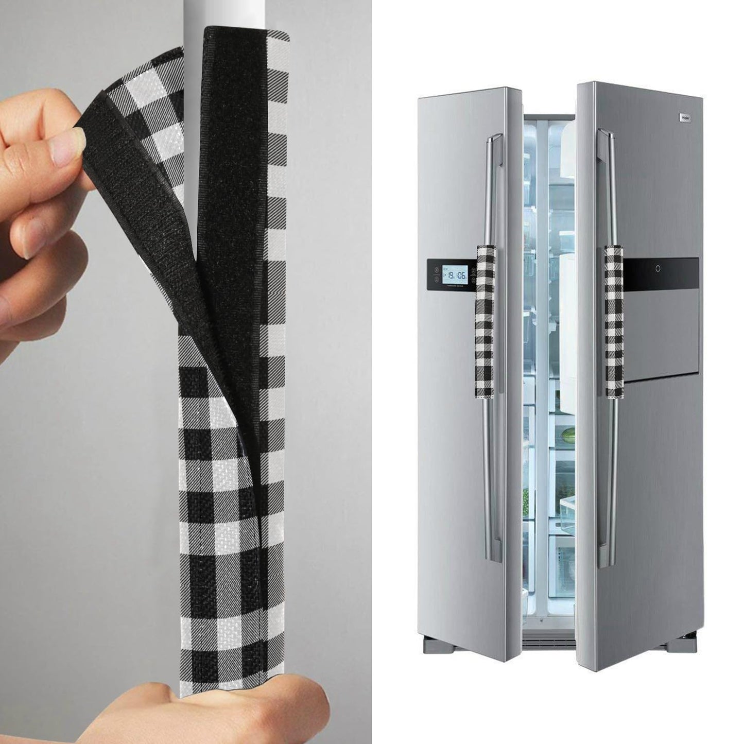 Black White Buffalo Check Refrigerator Door Handle Covers Farmhouse Tartan Kitchen Appliances Gloves For Microwave Dishwasher Fridge Door Cloth Protector 2pcs