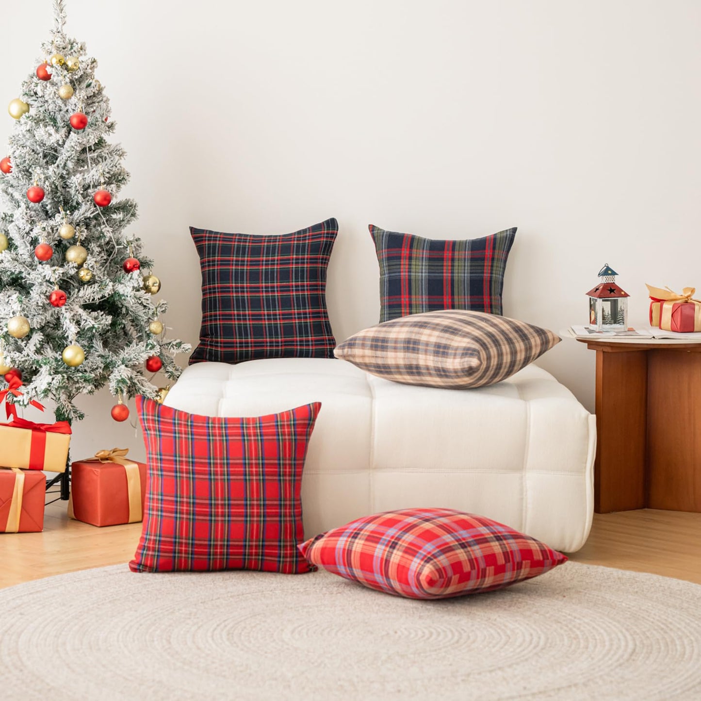 Huierxun Christmas Pillow Covers 18x18 Set of 2, Christmas Decorations Scottish Tartan Plaid Throw Pillow Cases Farmhouse Decorative Square Cushion Case for Sofa Couch Home Decor (Plaid D,18''x18'')