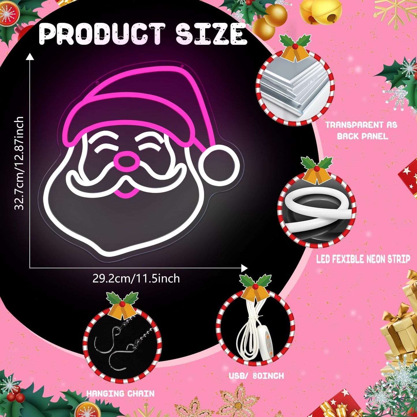 Christmas Neon Sign Pink Santa Neon Sign for Wall Decor Pink Christmas Decor Santa Claus Led Sign Xmas Neon Light Up Signs for Window Bedroom Holiday Door Party Home Winter Decoration Gift