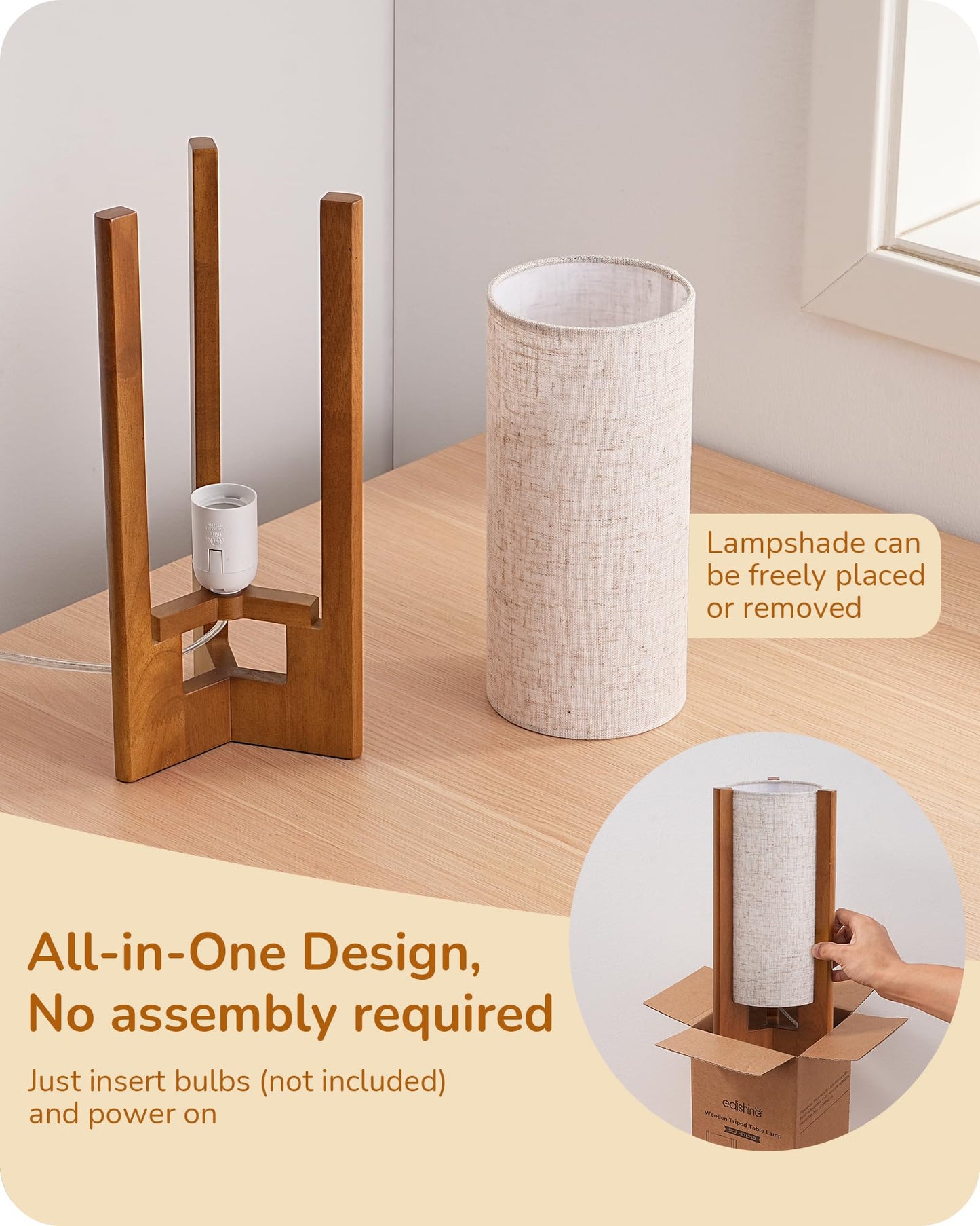 EDISHINE 13.5" Small Table Lamp, Walnut Wood Cylinder Nightstand Lamp for Bedroom, Beige Linen Shade, Corner Modern Bedside Lamp for Living Room, On-Off Line Switch, E26 Base (Bulb Not Included)