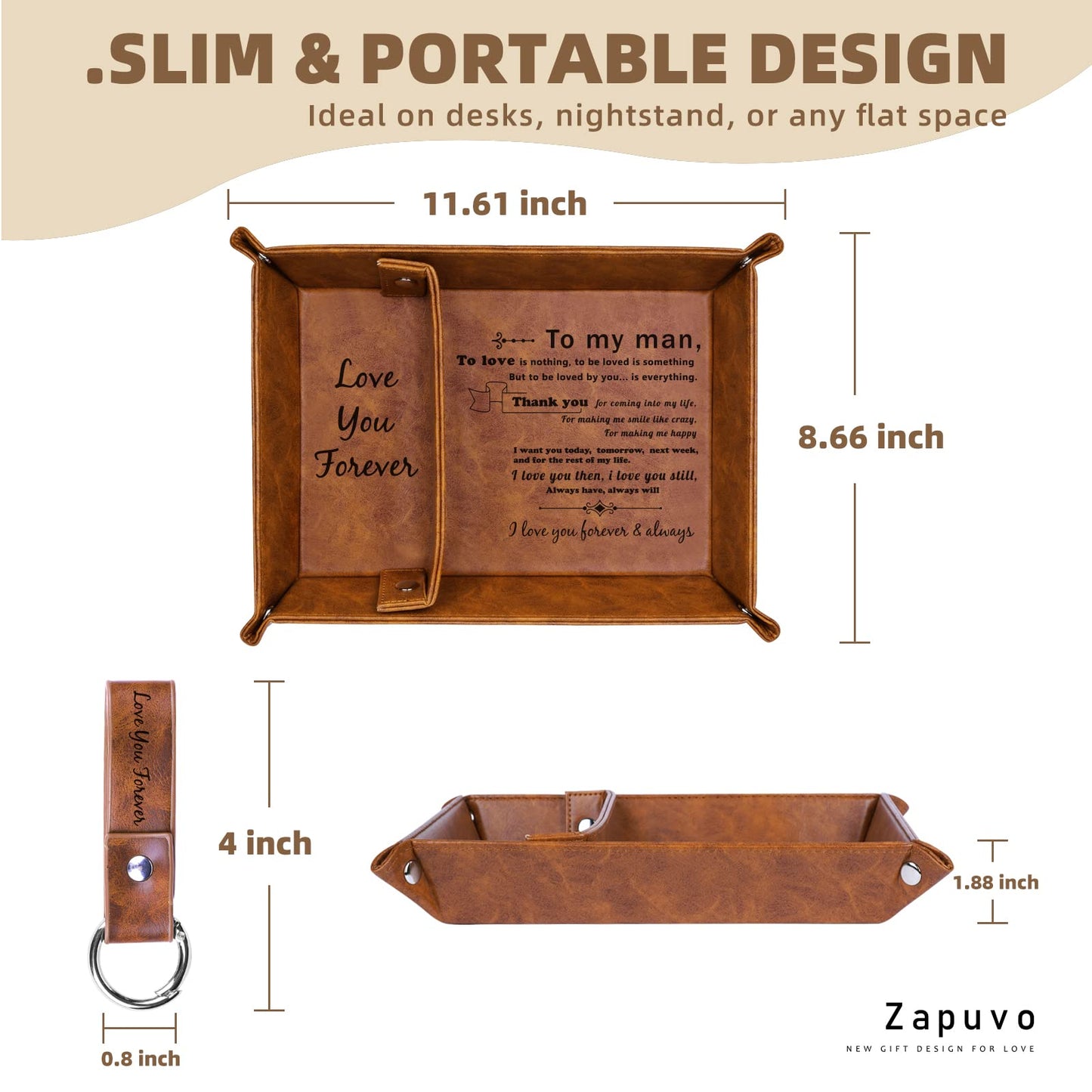 ZAPUVO PU Leather Valet Tray and Keychain, Birthday Gifts for Men, Unique Romantic Gifts for Men Him Boyfriend, Best Mens Gifts Ideas for Husband Anniversary from Wife