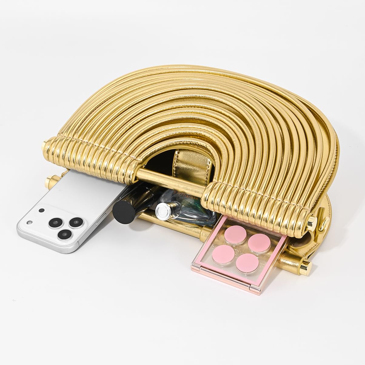 Ophlid Half-Moon Clutch Purse for Women Wedding Woven Evening Shoulder Bag Top Handle Gold Party Prom Handbag Gold
